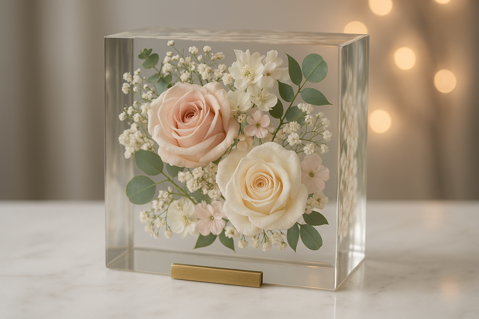a block of epoxy resin with preserved wedding bouquet flowers inside, 8 inches by 8 inches square, 2.5 inches deep, put on display neatly with nice presentation