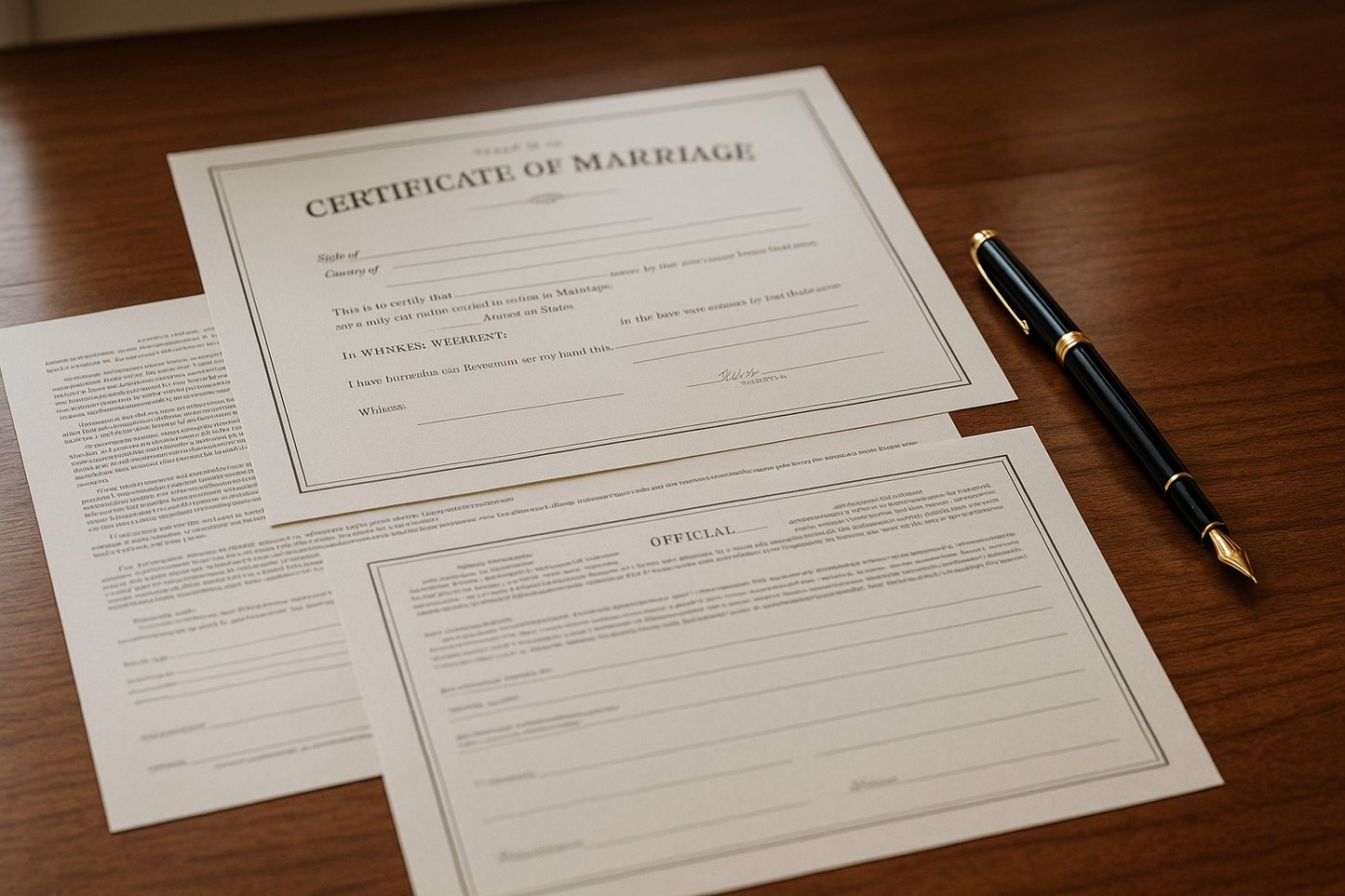 legal marriage documents on desk ready to be signed, no people present