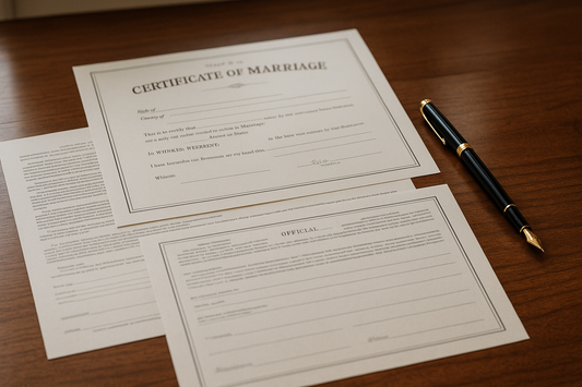 legal marriage documents on desk ready to be signed, no people present